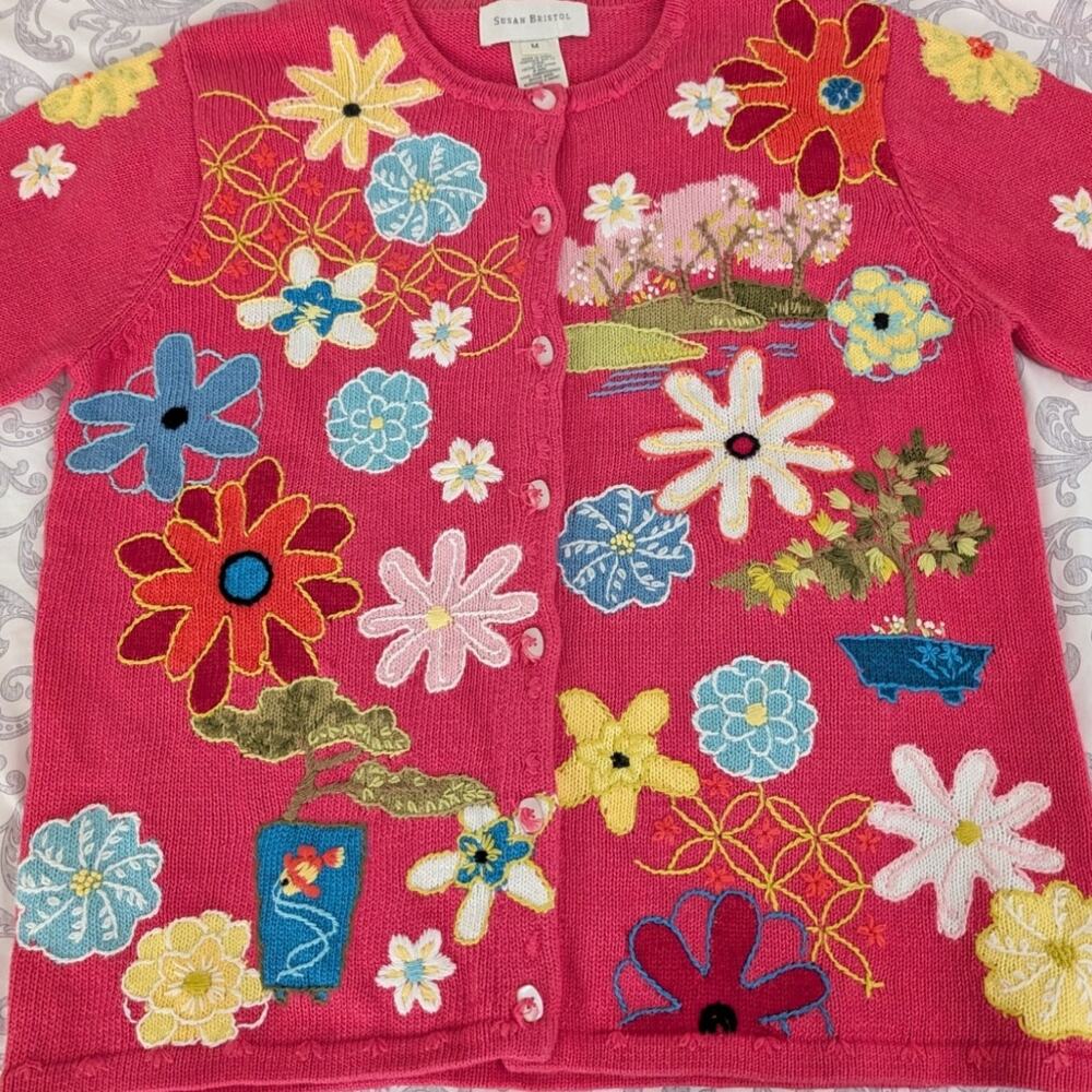 susan bristol vintage embroidered cardigan bonsai goldfish cherry tree